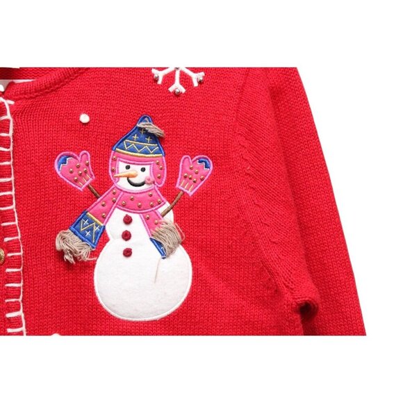 Vintage 90s Cardigan Sweater Small Petite Colorful Snowman Holiday Winter Ramie - Picture 7 of 11